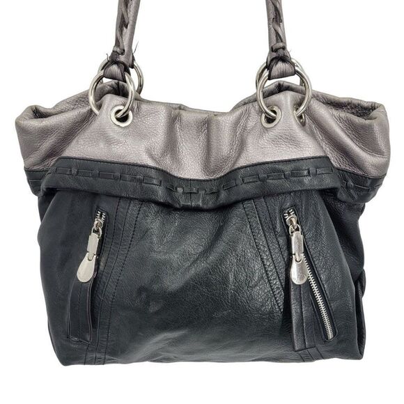B. Makowsky Shoulder Bag Leather Black Silver Braided Slouchy Large Edgy Baddie - Picture 6 of 17